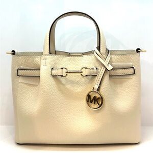 Michael Kors Small Carson Pebbled Leather Satchel Bag Light Cream